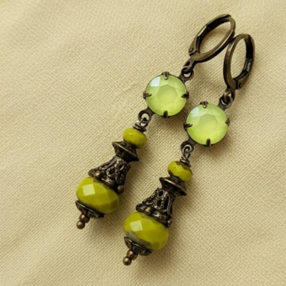 Victorian Rustic Avocado Green Glass & Swarovski Crystal In Filligree Earrings